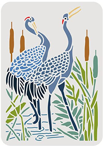BENECREAT Kranich-Kunststoffschablone, Wetland Marsh Crane Rohrkolben Muster Zeichnung Malvorlagen Für Tagebuch Sammelalbum DIY Handwerk, Wandbodendekoration, 30x30 cm