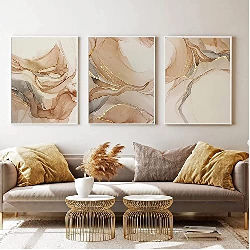 HEHGVCF 3 Stück Beige Gold Marmor Leinwand Bilder Wanddeko Wohnzimmer Poster Kein Rahmen (50x75cm)