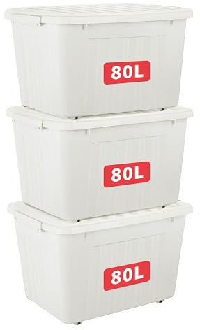 Cetomo 80L*3 Aufbewahrungsboxen, Rillen-verstärkte Kunststoffboxen mit Rollen & Deckeln, Stapelbare Aufbewahrungskiste, Ordnungsboxen für Zuhause und Büro, PP, Weiß, 80L (3er Pack)
