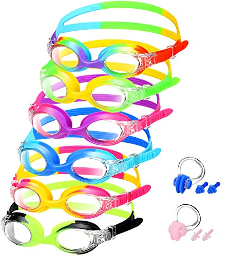 Macarrie 6 Pcs Kids Swim Goggles No Leaking Anti Fog Swimming Goggles for Kids Boys Girls with Nose Clip Earplugs, Age 3-14 (Colorful)