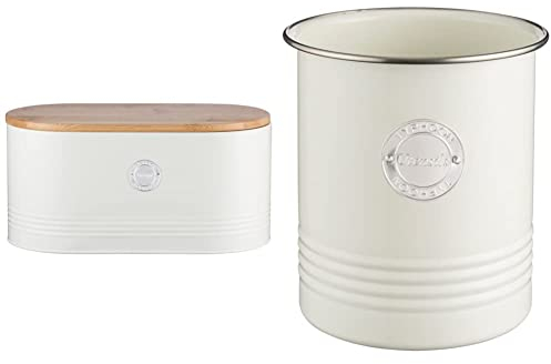 Typhoon Living Bread Bin with Bamboo Lid, 16 x 33.5 x 18 cm, Cream & Utensil Pot, Steel, Cream, 15cm