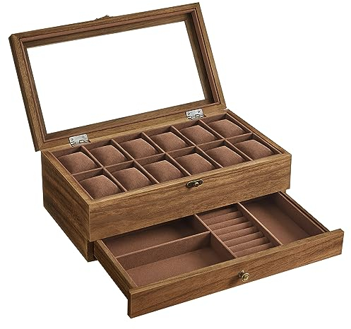 SONGMICS Watch Box with 12 Slots, 2-Tier Wood Watch Case with Large Glass Lid, Watch Pillows, Velvet Lining, Jewellery Box, Gift for Loved Ones, Rustic Walnut JOW012K01
