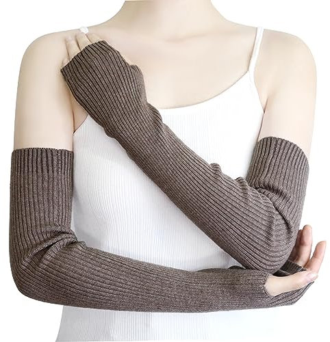YATANAM Wool Blended Wrist Warmers Warm Fingerless Gloves Knit Soft Arm Warmers Sleeves Typing Mittens for Women (15.7''/40cm, A-dark camel)