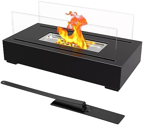 Chimenea de mesa portátil de bioetanol con estructura de cristal, rectangular, decorativa (negro)