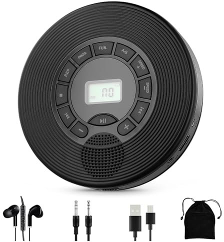 CD Player Portable with Earphones, Portable CD Player with Speakers, for Car and Home, 2000mAh Rechargeable Personal CD Players with Display Screen and AUX Cord
