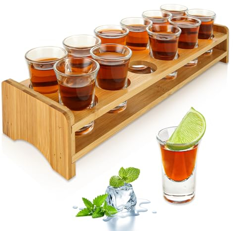 SHUESS Shot Glass Set of 12 30ml/1oz with Shot Glass Tray Holder Straight - Clear Crystal Shot Glasses with Thick Base - Shot Glasses Set for Whisky Brandy Vodka Rum and Home Party Bar