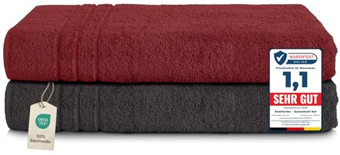 Komfortec 2er Saunahandtuch Set XXL 80x200 cm, 100% Baumwolle | Große Saunatücher aus 100% Baumwolle, XXL Set, Saugstark, Flauschig und Schnelltrocknend, Schwarz/Aurorarot