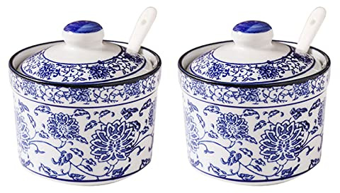Barattolo for spezie in porcellana, zuccheriera, zuccheriera cinese in porcellana bianca e blu con coperchio, zuccheriera in porcellana con cucchiaio, piccola saliera, ristorante-blu e bianco-singolo