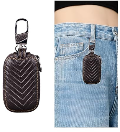 CGEAMDY Autoschlüssel Hülle, Autoschlüsselanhänger-Halter Smart Protector Cover, Leder Autoschlüssel Smart Keychain Halter Mit Reißverschluss Und Metallhaken(Kaffee)