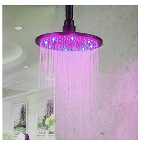 CLLBANT 10-Zoll-Regenduschkopf, rund, LED-Regenduschkopf, schwarzer Edelstahl, feststehender Hochdruckduschkopf, verstopfungssichere Silikondüsen, Temperatur, 3 Farbwechsel/Pink (Pink)