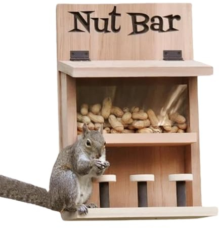 Whnbuij Comedero de ardillas para exteriores, barra de nueces de ardilla para árbol, diseño de 3 taburetes, mesa de alimentación de ardillas de madera, comedero de ardillas, taburete de bar,