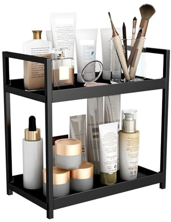 HARLIANGXY Make up Organizer Groß, Kosmetik Organizer Schwarz, Parfüm Aufbewahrung, Skincare Organizer Metall, Schreibtisch Organizer Regal Für Schlafzimmer Badezimmer Küche