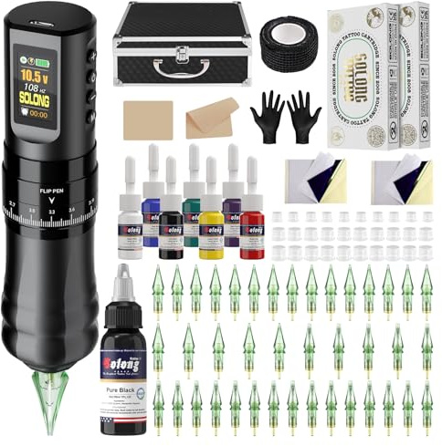 Solong Tattoo Maschine Set Profi, Rotary Wireless Tattoo Pen Gun Kit mit 1800mAh Akku, LCD Digital 40 Cartridges Nadeln 8 hochwertigen Tinten für Tattoo Anfänger und Künstler SLE96EN01SEU-1