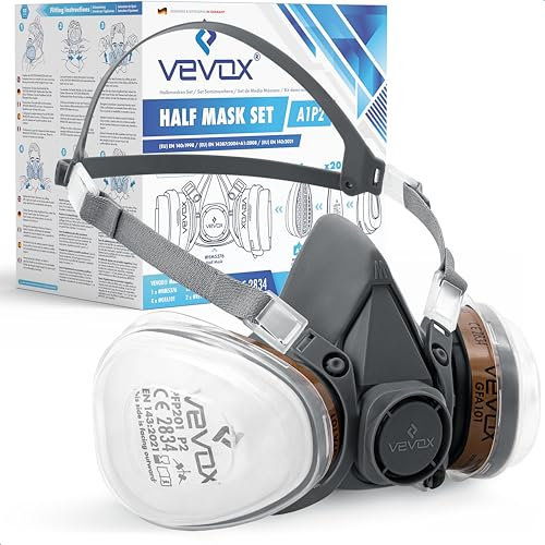 VEVOX® Maschera respiratoria con filtro A1P2 – Protezione da gas, vapori e polveri sottili – Ideale per verniciatura, levigatura e lavori edili – Con 20 filtri P2 antiparticolato e 4 A1 antigas