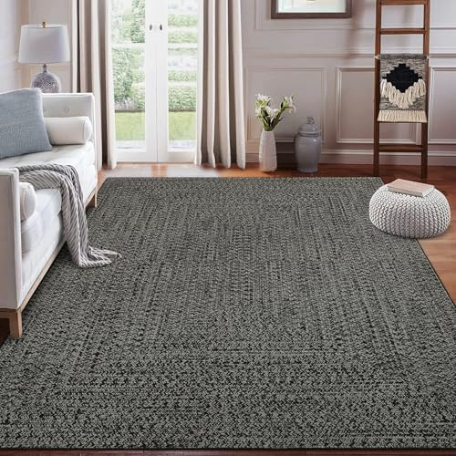 ROYHOME 8' x 10' Area Rug, Grey/Brown, Machine Washable, Non-Slip, Stain Resistant, Classic Braided Design