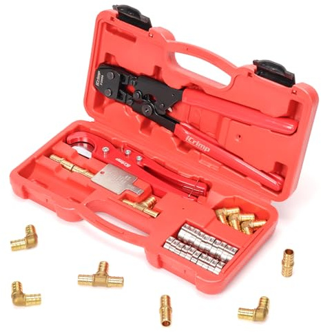 iCrimp PEX Pipe Clamp Crimping Tool Kit, Cinch Crimper Tool for Stainless Steel Clamps from 3/8-inch to 1-inch with 1/2-inch 20pcs SS PEX Clamps and 12pcs 1/2-inch Pex Fittings