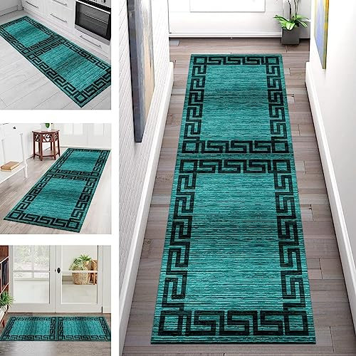 Küchenläufer, abstrakt, rutschfest, türkis, 60 x 250 cm, langer Flur-Teppich für Wohnzimmer, Schlafzimmer, rutschfeste Eingangsmatte, Läufer-Teppich für Flur und Korridor, rutschfest