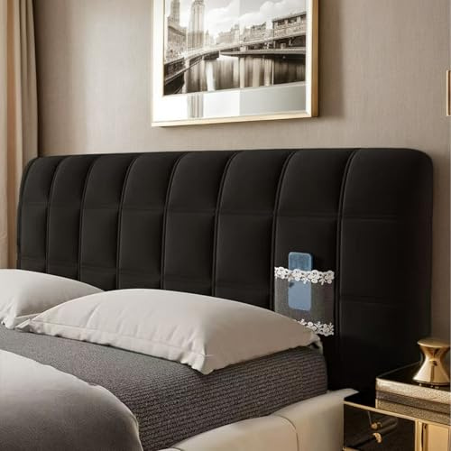HORLSKI Bettkopfbezug Aus Samt Stretch-Staubschutz-Kopfteil Für Schlafzimmerdekoration in Größen Einzelbett Doppelbett King-Size-Bett Queen-Size-Bett,Schwarz,140cm