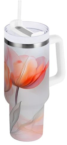 OWFKAY 40oz vaso de café aislado con tapa pajita agua botella de acero inoxidable vaso hombres mujeres tres tulipanes naranja-rojo