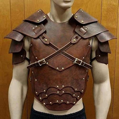 Vintage Pauldron axelrustning, retro väst rustning, justerbar viking krigare traditionell bröstplatta, medeltida riddardräkt (brun)