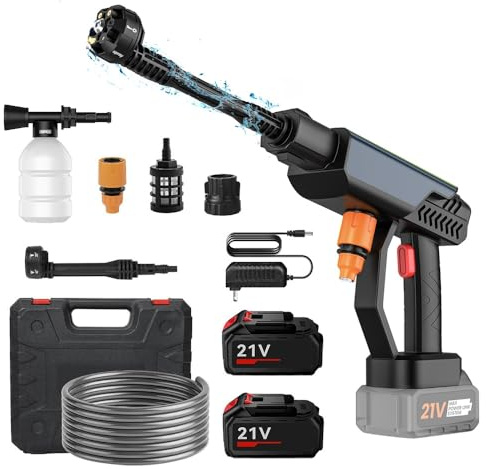 Oamger Hidrolimpiadora de Alta Presion 30Bar, Pistola de Agua a presión con 2× Baterías 6000mAh, Boquilla 6 en 1 y Manguera 5m, Limpiador Agua Presion Bateria para Limpiar Coche y Jardín (Gris)