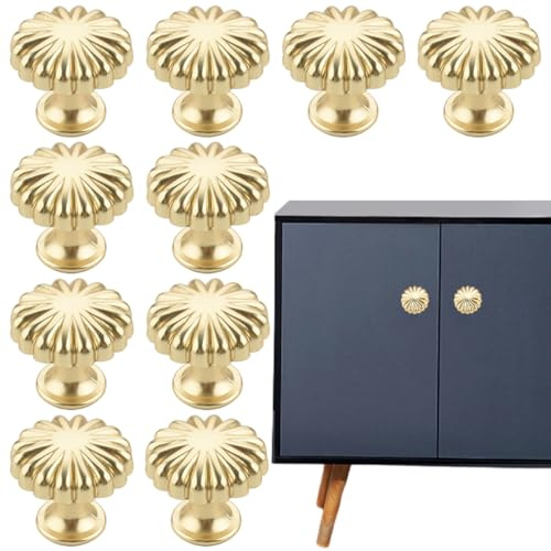 AddLotLot 10 PCS Gold Cabinet Knobs Vintage Cabinet Handles Pumpkin Shaped Brass Handle Solid Cabinets Door Knob Single Hole Cupboard Door Handles with Screws for Home Decorating Cupboard Wardrobe