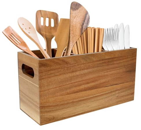 Ghshanog Kitchen Utensil Holder,Wooden Utensil Caddy with 3 Detachable Compartment,30x12x15.7cm Silverware Organizer, Black Countertop Cutlery Drying Holder for Cooking Tools Storage
