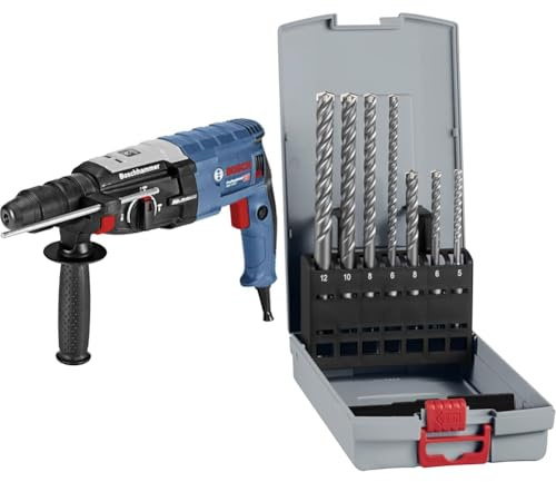Bosch Professional Bohrhammer GBH 2-28 F (inkl. Zusatzhandgriff, Tiefenanschlag 210mm, Wechselfutter SDS-plus) + 7x PRO SDS plus-5X Hammerbohrer-Set (für Beton, Kalk- und Sandsteine, Ø 5-12 mm)