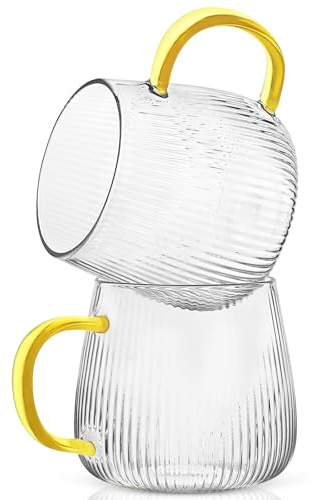 Yeelua Coffee Mugs, 370ml Glass Coffee Mugs Set of 2, Drinking Cups with Golden Handle, Clear Ribbed Tea Cup for Cappuccino, Latte, Hot/Cold Drinks