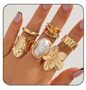 NATOSU 6 Stück Goldene Ringe Set, wasserfest, ideal für Damen, mit Blumen, Perlen und Kristallen,Einfache Modebewusste stapelbare Fingerringe Pack für jeden Anlass