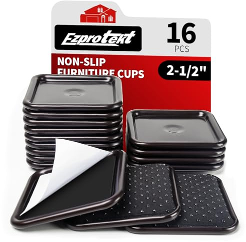 Ezprotekt 2 1/2 Square Non Slip Furniture Pads with Drip Glue Non-Woven Fabric Bottom, 16 Pcs Anti Skid Furniture Coasters Cups Floor Protectors for Bed, Sofa, Table, Chair, Cabinet, Brown/Black