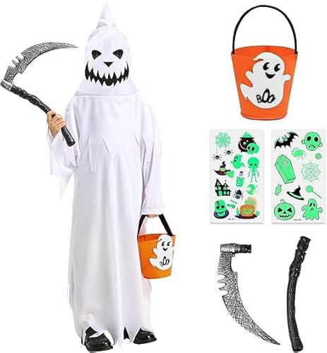 Lozzzyo Vestito Halloween Bambino, Costume Fantasma Bambino Include una Borsa Fantasma,Falce Halloween - Costumi Halloween Bambini per Giochi di Ruolo (6-8 anni)