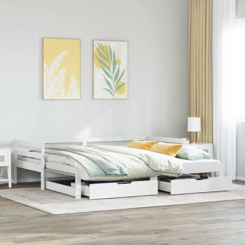 Teenpull Tagesbett aus massivem Kiefernholz, Weiß, 90x200 cm, ausziehbar zum Doppelbett mit stabilem Bettrahmen, 2 Schubladen, Stauraum, vielseitiges Möbelstück für Schlafzimmer & Gästezimmer