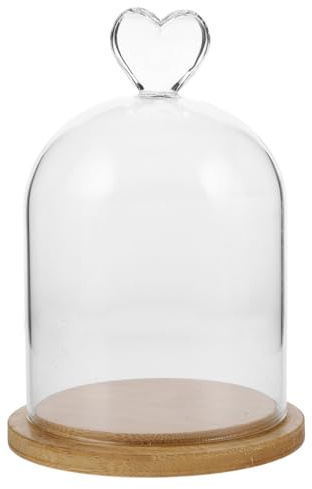 Cabilock Transparente Glasglocke mit herzförmiger Oberseite und Bambusholzsockel, dekorative transparente Kerzenabdeckung für Zuhause, Duftkerzen, Fotos, konservierte Blumen und Sammlerstücke