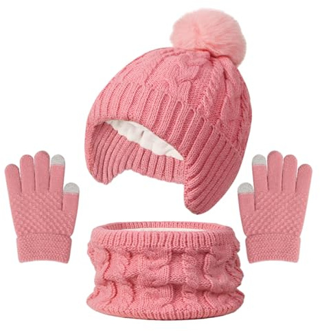 Jupsk Barnmössa halsduk handskar set, vintermössa stickad tjock halsvärmare pom pom keps fleecefoder för barn flickor pojkar 3-10 år, Rosa, en storlek