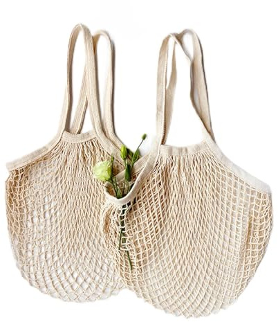VesperaMirage Einkaufsnetze Bio-Baumwolle, 2er Set,Langer Tragegriff, Beige | Hand- und schultertragbar. Wiederverwendbar, nachhaltig & robust – für Obst, Gemüse, Strand und Sandspielzeug.