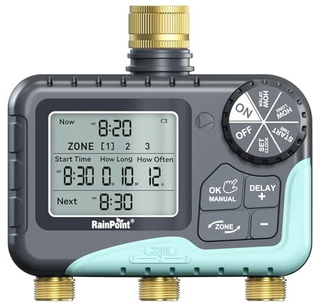RAINPOINT Water Timer 3 Outlets with Brass Inlet and Outlet, Automatic prinkler Timer with Rain Delay/Manual Watering/large LCD display, Garden Smart Irrigation Time for Yard, Lawn