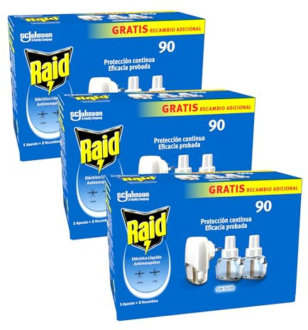 Raid Eléctrico Anti Mosquitos Comunes y Tigre 90 Noches con Aplicador y 2 Recambios - 54 Mililitros (2 x 27ml), El embalaje puede variar (Paquete de 3)