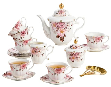 TATSUMI Country Roses Porcelain Tea Set, European Ceramic tea set for adults,Vintage Style, For Women and Tea Parties (Chocolate Red, 21 Pieces Set)