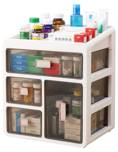 4-Tier Medicine Storage Box with Clear Drawers, Multifunctional Desktop Organiser for Pills, First Aid, Cosmetics, Makeup & Office Supplies, 28x20x32cm