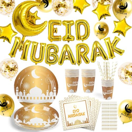 iZoeL 78 pièces Or Aid Moubarak Vaisselle Jetable Decoration Eid Mubarak Decoration Aid - Banderole Ballons Serviettes Assiettes Tasses Pailles, pour Jardin Maison Restaurant
