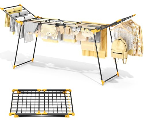 KINGRACK Wäscheständer mit 2 Klappflügeln, Ausziehbarer Standtrockner aus Rohrstahl, Variable Breite 177,8–254 cm, Faltbarer Flügelwäschetrockner für Balkon & Innenbereich, Platzsparend (gelb, L)