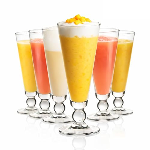 TOLASTO 6 Pack Glass Juice Glasses 327ml/11oz, Tall Stemmed Drinking Glasses with Ball Base, Clear Crystal Tumblers for Juice, Cocktails, Milkshakes, Breakfast & Parties, Dishwasher Safe
