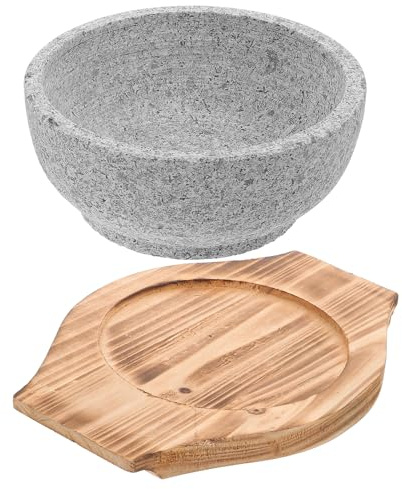 SUPVOX Ciotola Coreana in Pietra Naturale 600ml con Vassoio in Legno Carbonizzato, Resistente al Calore per Cucinare su Fiamma Libera, Utensile Cucina Multifunzione per Bibimbap e Zuppe
