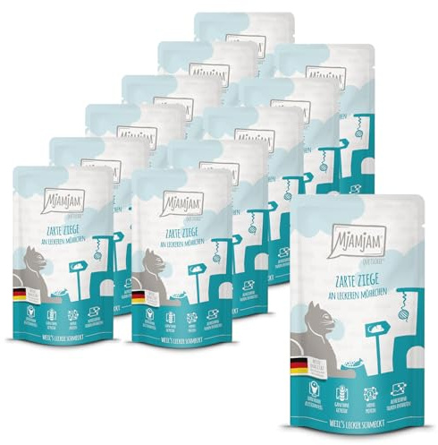 MjAMjAM - nourriture humide premium pour chats - Quetschie - Chèvre tendre aux délicieuses carottes, paquet de 12 (12 x 125 g), sans céréales avec supplément de viande