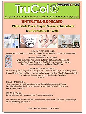 Inkjet Wasserschiebefolie (WEISS) für Tintenstrahldrucker,A4 X 50 Blatt, Transferfolie,Bedruckbares Aufklebepapier für Tassen,Keramik, Glas,Kerze