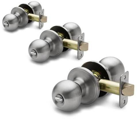 Copper Creek Privacy Interior Door Knob – ANSI Grade-3 Certified, Modern Heavy Duty Handle, Easy Install and Reversible for Bedroom, Bathroom & Closets – Satin Stainless (3 Pack)