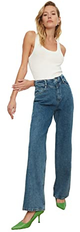 TRENDYOL Damen Taille Detaillierte Hohe 90er Jahre Breite Beinjeans Jeans, Navy Blue, 44 EU