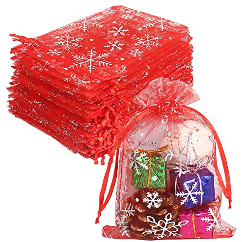 YQL 100 Stücke Organzasäckchen Weihnachten, Rot Schneeflocke Organzasäckchen 10x15cm, Klein Beutel mit Zugband, Geschenksäckchen Weihnachten für Weihnachtsseife, Schmuck, Süßigkeiten, Schokoladentaler