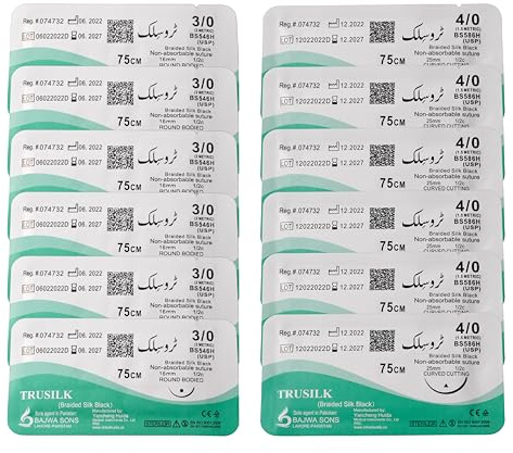 MJW Nahtfäden aus Seide, 12 Stück, einschließlich 3/0 und 4/0 Beste geflochtene schwarze Naht aus Seide - Nahtfaden für die pädagogische Praxis, Wundnaht-Kit Zusatz